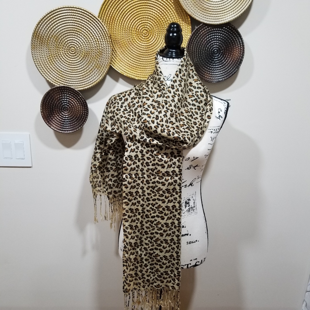 Leopar Print Wrap Scarf, Measures 70 Inches Long and 28 Inches Wide.